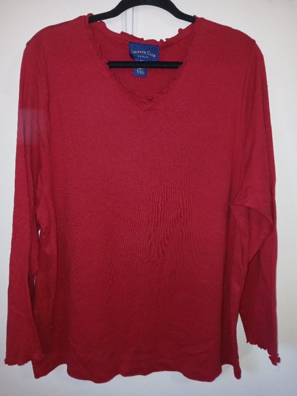 VTG Charter Club Long Sleeve Scalloped V Neck 2X